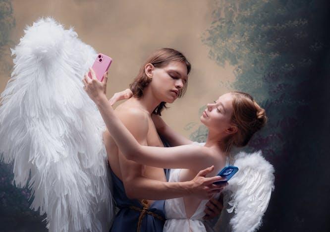 romance,couple,beauty,legend,historical,myth,antique,communication,passion,gallery,app,psyche,fantasy,statue,amour,heritage,history,ancient,mythology,museum,phone,wing,internet,love,woman,young,classical,muse,renaissance,media,modern,romantic,dating,man,elegant,exhibition,art,desire,social,18th century,medieval,mobile,sculpture,portrait,cupid,classic,culture,online,masterpiece clothing dress evening dress formal wear finger person fashion gown face mobile phone